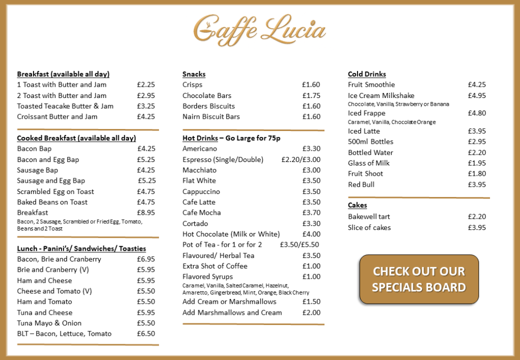 Cafe Lucia Swansea menu featuring all day breakfast, paninis, sandwiches, hot drinks, smoothies and cakes with prices