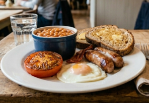 Full English breakfast with bacon, sausages, eggs, beans and toast at Cafe Lucia Swansea
