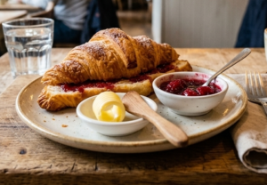 Fresh croissant with butter and jam served at Cafe Lucia Swansea