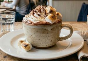 Creamy hot chocolate topped with chocolate powder at Caffe Lucia Swansea